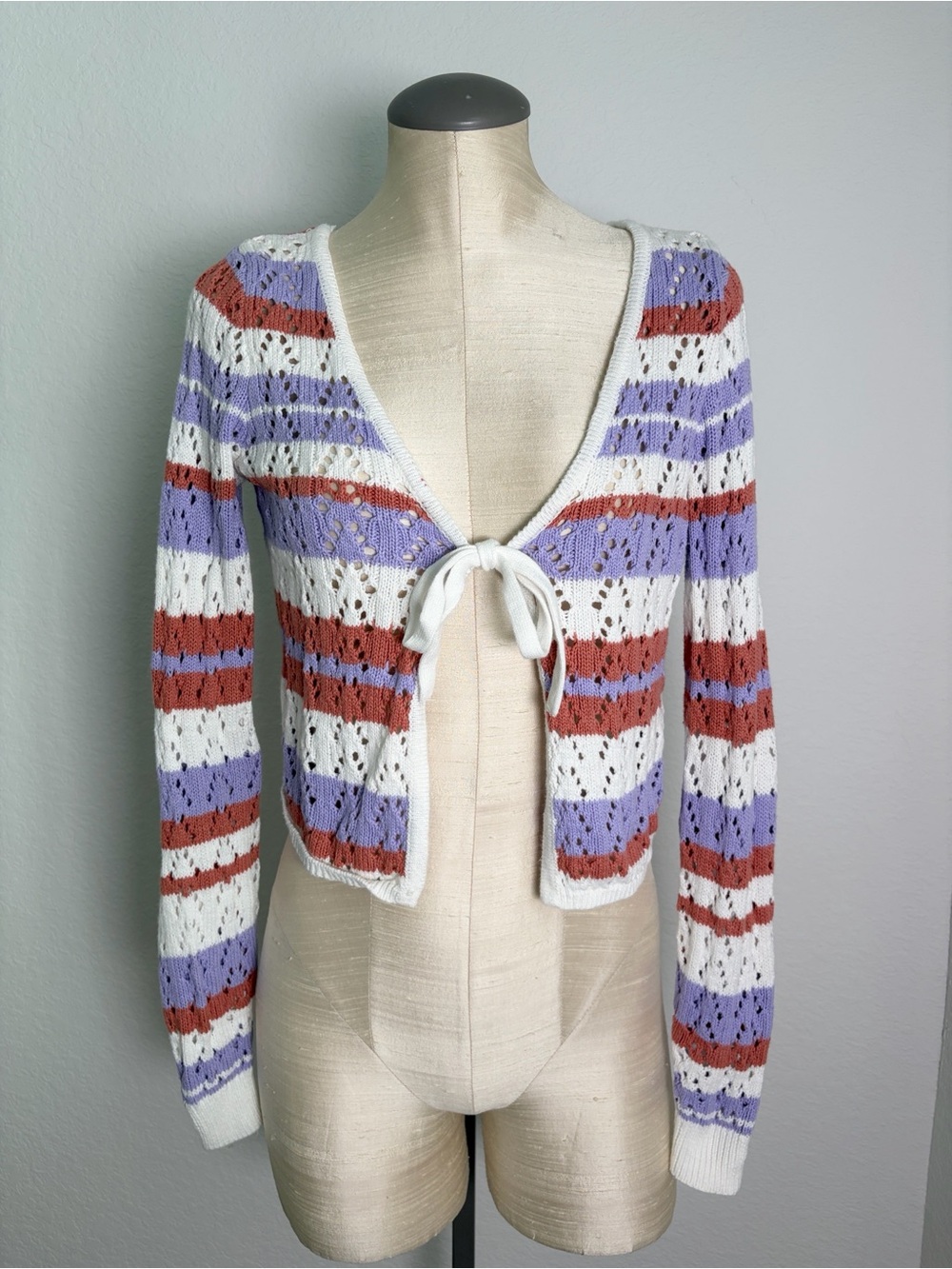 Hollister Lavender Rust and White Striped Tie-Front Crochet Cardigan Size Medium